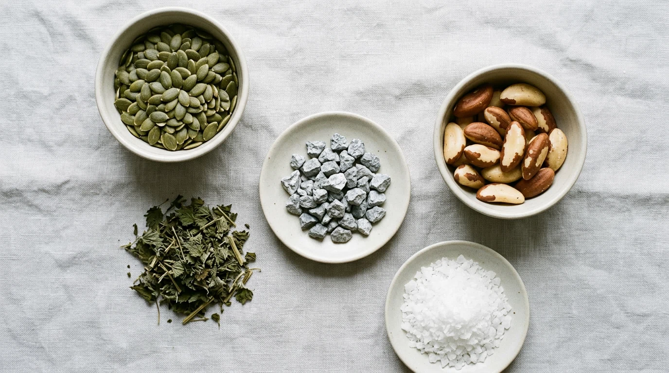 Overzicht van de natuurlijke ingrediënten van Alpha Drive: pompoenzaden, brandnetel, zink, selenium, magnesium - zink selenium supplement mannelijke vitaliteit