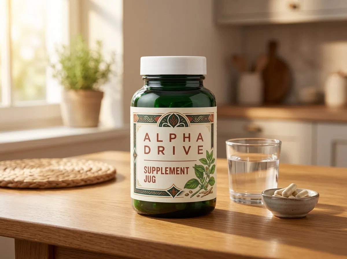 Alpha Drive fles naast verse kruiden en een glas water